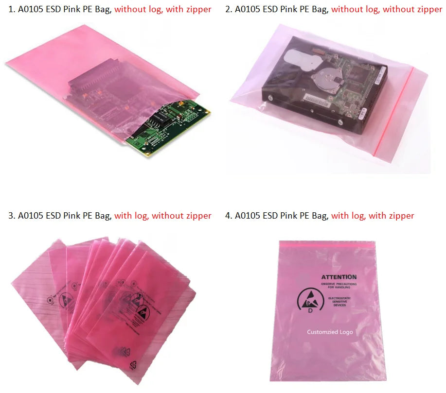Maxsharer Factory Customized Sale PCB Packaging Lint Free Bag ESD Pink PE Bag A0105 Antistatic LOGO Print Pink PE Bag